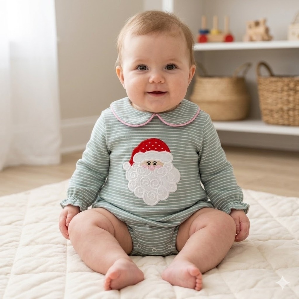 Abby & Evie Baby Girls 6M‎ Santa Claus Stripe Bubble Romper Sage Green Pink Trim